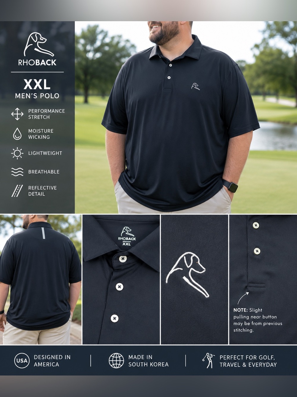 Rhoback Men’s XXL Black Performance Golf Polo Shirt Stretch Dog Logo